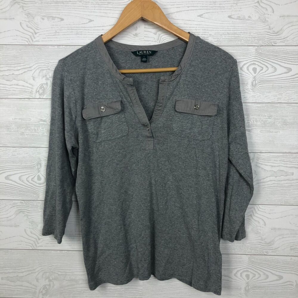 Lauren Ralph Lauren Women's Large V Neck 3/4 Sleeve Shirt Front Pockets Gray